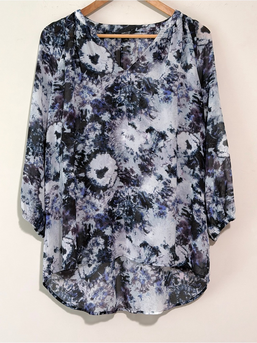 Simply Vera Vera Wang Purple and Black Tie-Dye V-Neck Semi Sheer Blouse